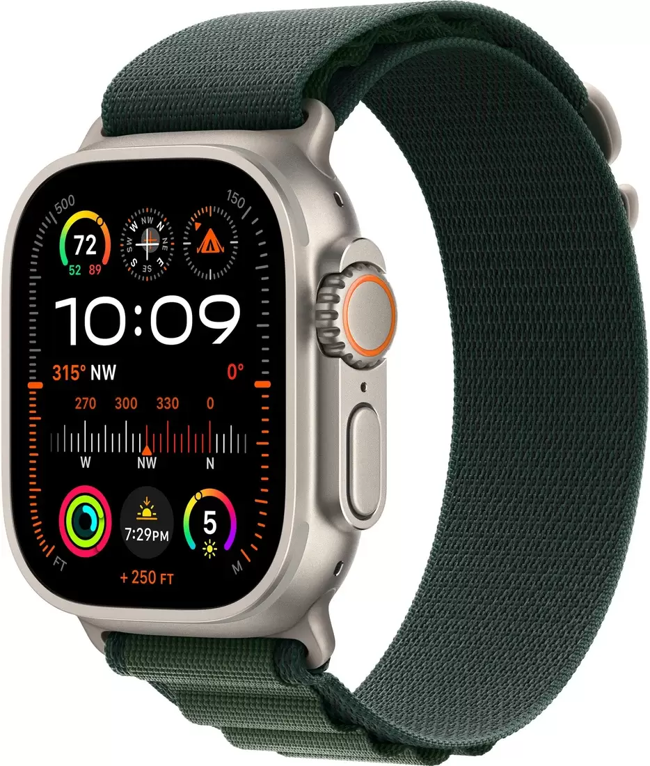 Умные часы Apple Watch Ultra 2 LTE 49 мм (титановый корпус, титановый/зеленый, текстильный ремешок размера M) - фото