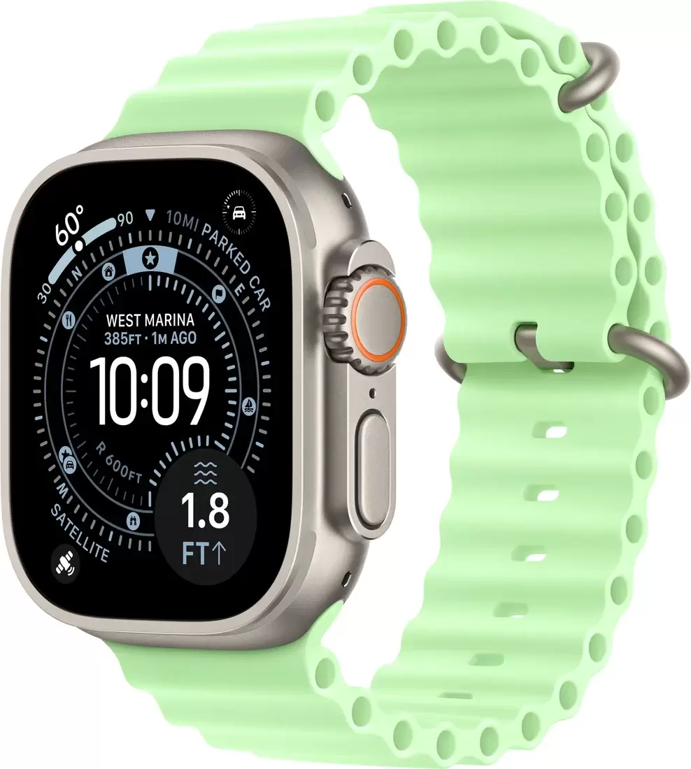 Умные часы Apple Watch Ultra 3 LTE 49 мм (титановый корпус, природный/салатовый, ремешок из эластомера) - фото